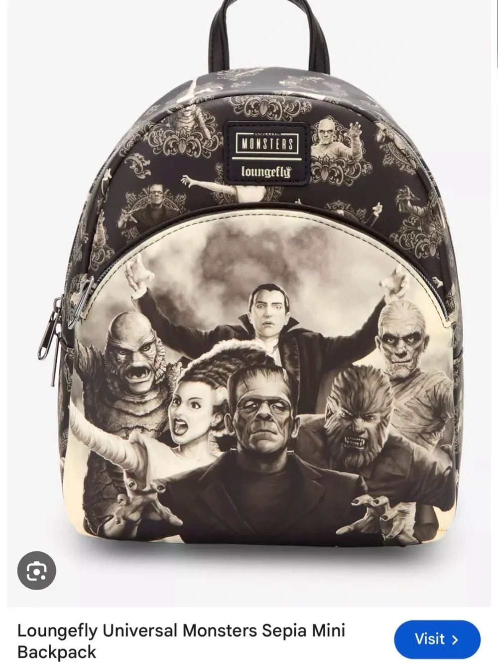Loungefly Universal Monsters Sepia Mini Backpack - Black/Cream. NWOT